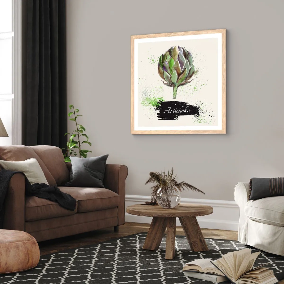 Plakat i ramme af lyst egetræ - Eviva grøntsager! - 50x50 cm
