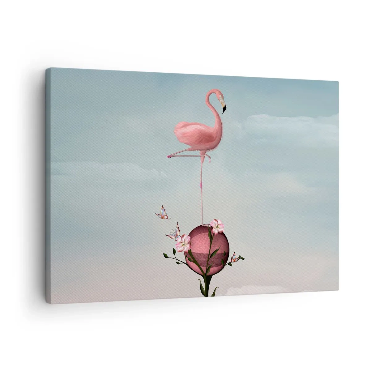 Lærredstryk - Billede på lærred - En lyserød flamingo balancerer på en blomsterkugle - 70x50cm - Basketball allegori - Moderne vægdekoration til stue og soveværelse ARTTOR