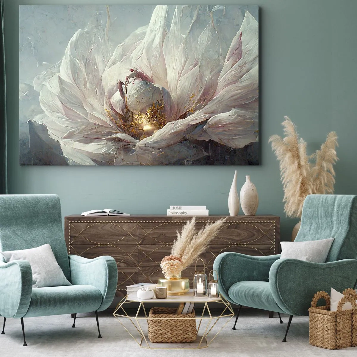 Lærredstryk - Billede på lærred - En delikat hvid blomst med diskrete gulddetaljer - 70x50cm - Blomstrer en gang om hundrede år - Moderne vægdekoration til stue og soveværelse ARTTOR