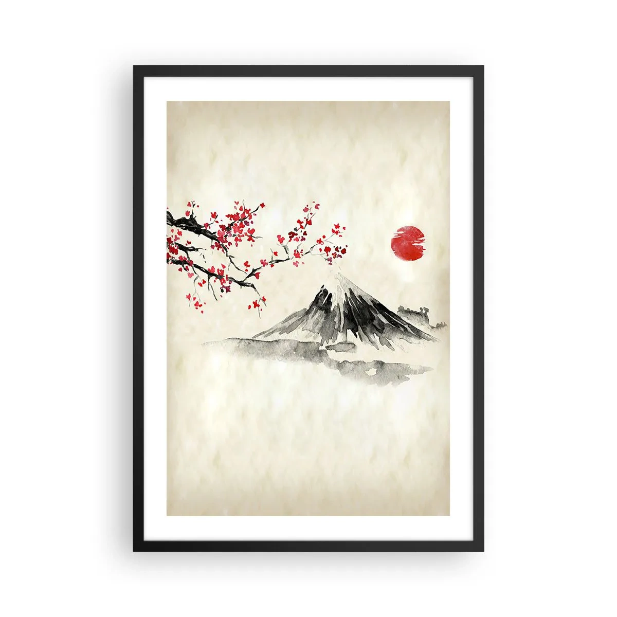 Plakat i sort ramme - Et bjerg med en blomstrende kirsebærgren og en rød sol - 50x70cm - Bliv forelsket i Japan - Moderne vægdekoration til stue og soveværelse ARTTOR