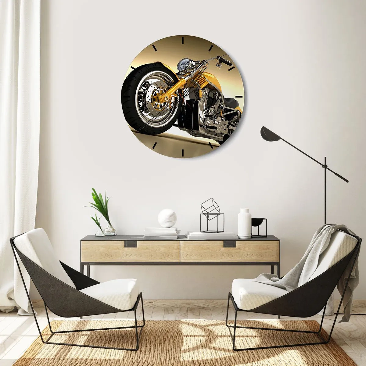 Vægur, Uret - En stilfuld motorcykel i nuancer af guld og krom - 30x30cm - En drøm om styrke og hurtighed - Moderne vægdekoration til stue, køkken og soveværelse ARTTOR