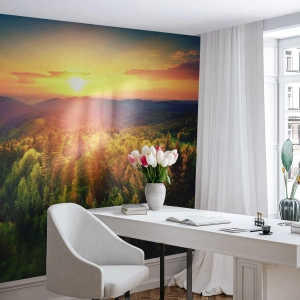 Fototapet Selvklæbende Deluxe Sticker - Toppe og bjergtoppe - Landskab, Skov, Bjerge - 100x70 cm