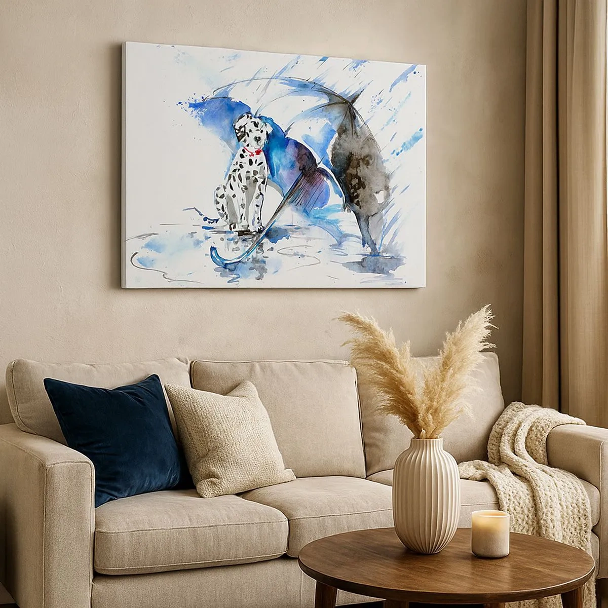 Lærredstryk - Billede på lærred - Akvarelmaleri af en dalmatinerhund med en paraply i baggrunden - 70x50cm - Det er det en ven er til for - Moderne vægdekoration til stue og soveværelse ARTTOR