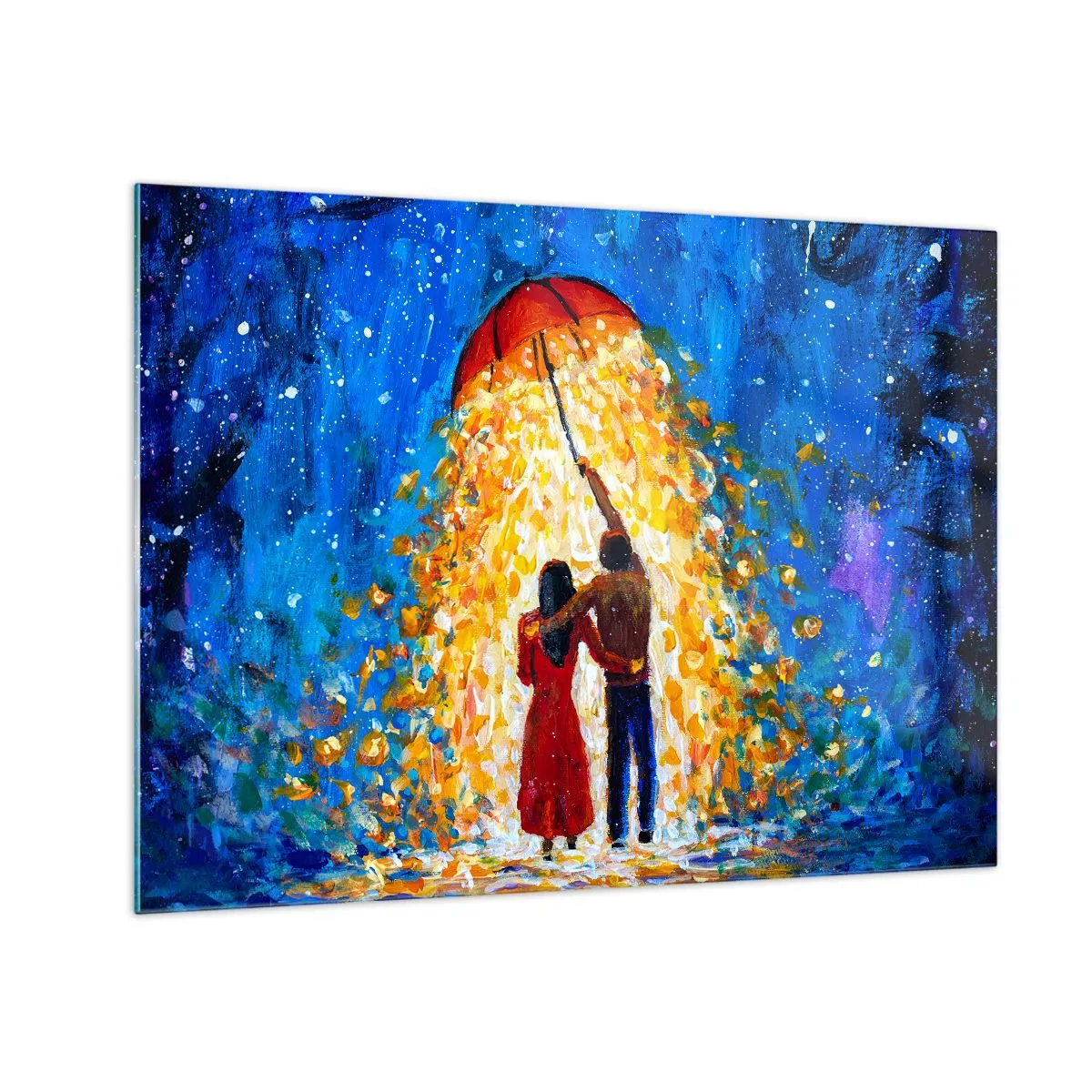 Billede på glas - Et par under en paraply omgivet af gyldent lys mod nattehimlen - 70x50cm - Magien ved en regnfuld aften? - Moderne vægdekoration til stue og soveværelse ARTTOR