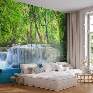 Fototapet Premium Sand - Drukner i turkis og grønt - Landskab, Vandfald, Kaskade - 400x280 cm