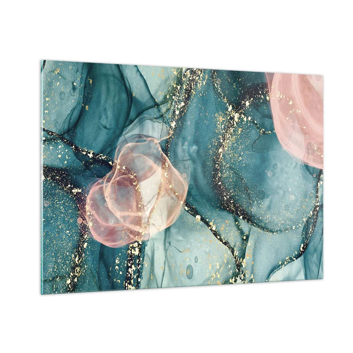 Billede på glas - Silkeblå, tyl lyserød - 100x70 cm