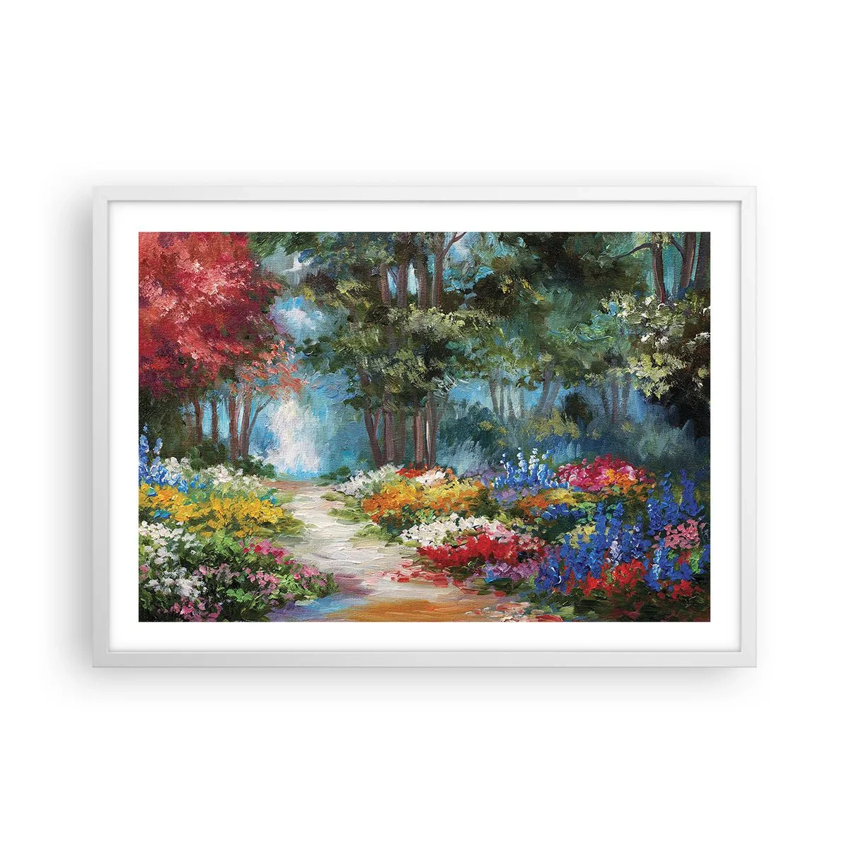 Plakat i hvid ramme - Skovhave, blomsterskov - 70x50 cm