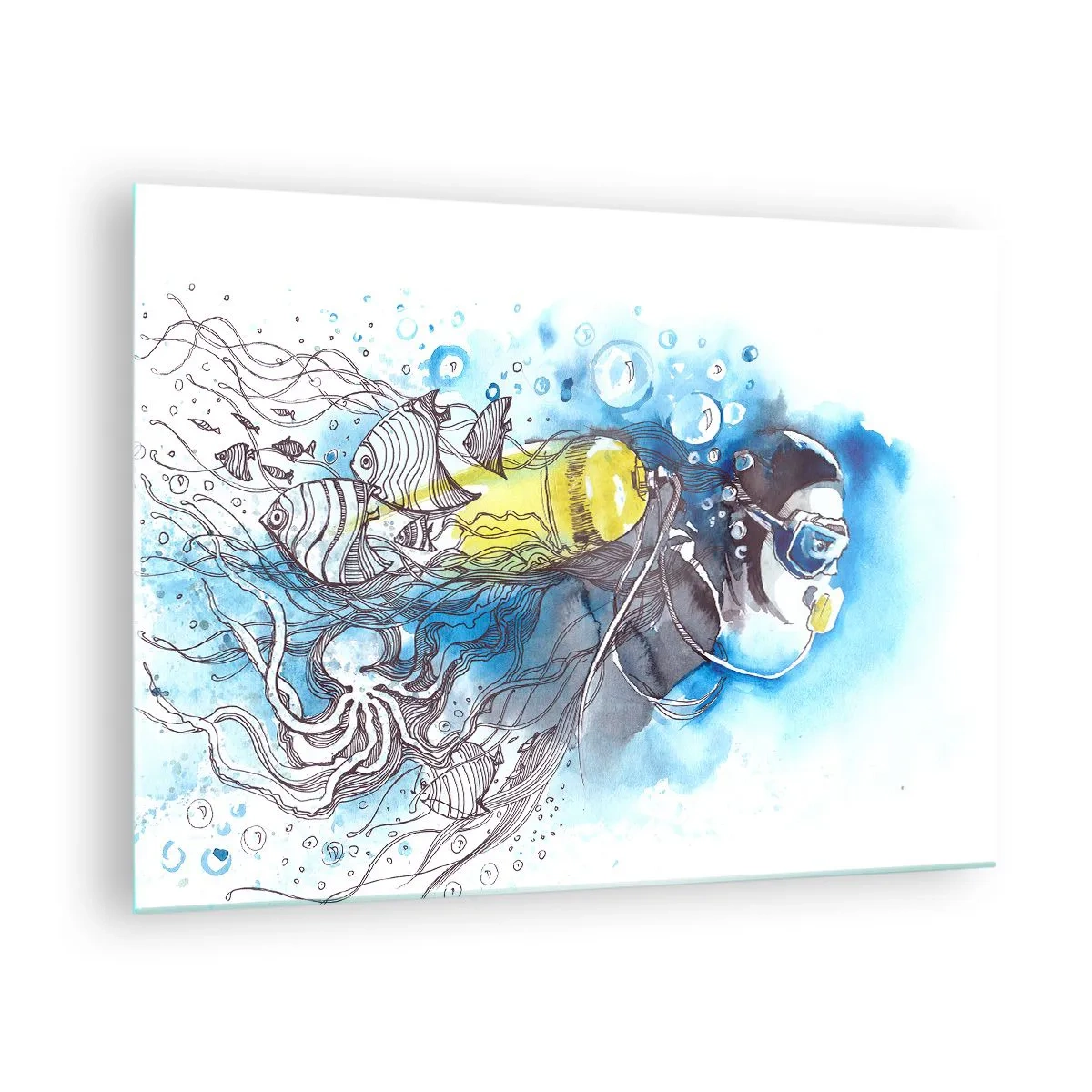 Billede på glas - Dykker under vandet med fisk i kunstnerisk akvarel - 70x50cm - Stor blå - Moderne vægdekoration til stue og soveværelse ARTTOR