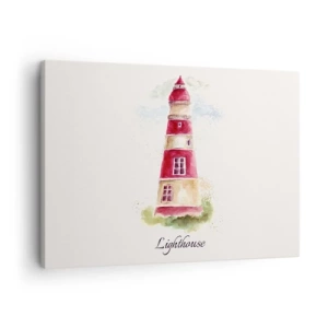 Lærredstryk - Billede på lærred - Et akvarelmaleri af et fyrtårn på en lys baggrund med en indskrift - 70x50cm - Altid vejret omkring - Moderne vægdekoration til stue og soveværelse ARTTOR