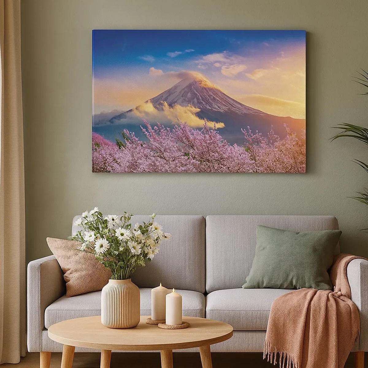 Lærredstryk - Billede på lærred - Fuji-bjerget med kirsebærblomster i baggrunden ved solnedgang - 70x50cm - Japansk hellighed - Moderne vægdekoration til stue og soveværelse ARTTOR