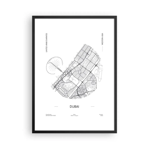 Plakat i sort ramme - Minimalistisk sort-hvidt kort over Dubai - 50x70cm - Dubais anatomi - Moderne vægdekoration til stue og soveværelse ARTTOR