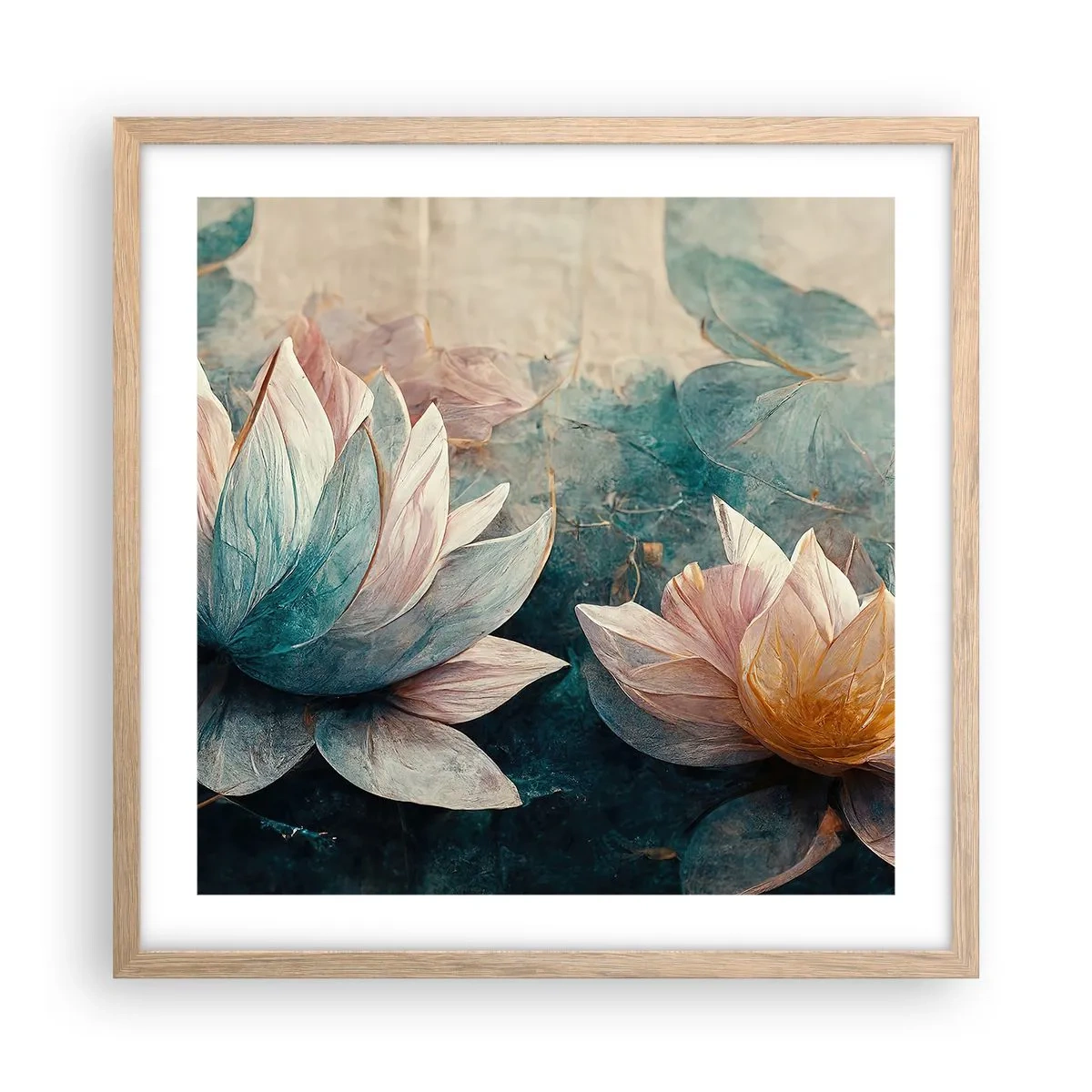 Plakat i ramme af lyst egetræ - Søens stjerner - 50x50 cm