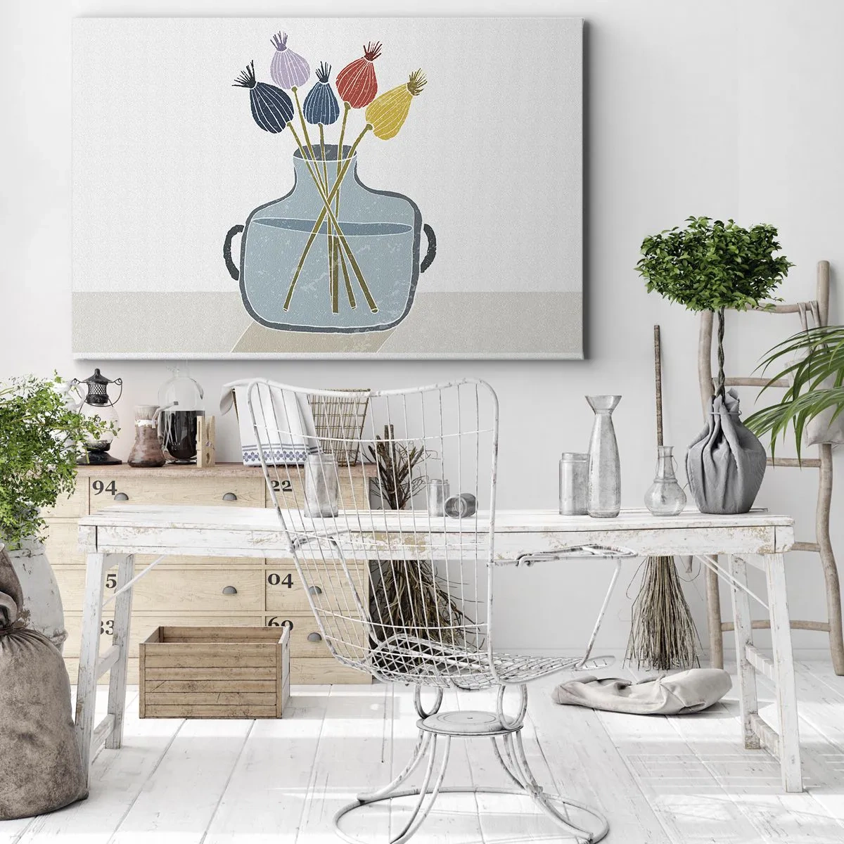 Lærredstryk - Billede på lærred - Farverige tørrede blomster i en vase på en hvid baggrund - 70x50cm - Som et valmuefrø - Moderne vægdekoration til stue og soveværelse ARTTOR