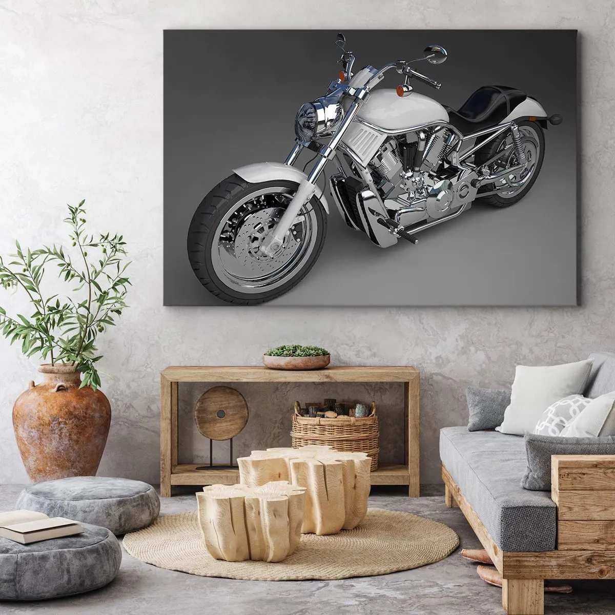 Lærredstryk - Billede på lærred - Hvid cruiser-motorcykel på en grå baggrund - 70x50cm - Det giver dig lyst til at knæle - Moderne vægdekoration til stue og soveværelse ARTTOR