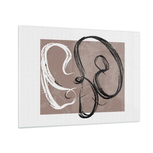 Billede på glas - Dynamiske penselstrøg i sort og hvid på en beige baggrund. - 70x50cm - Komposition - en søgen efter fuldstændighed - Moderne vægdekoration til stue og soveværelse ARTTOR