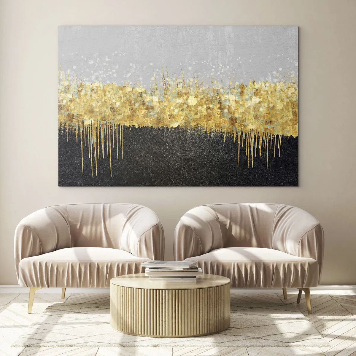 Billede på glas - Gylden abstraktion med sort og grå kontrast - 70x50cm - Indad og opad - Moderne vægdekoration til stue og soveværelse ARTTOR