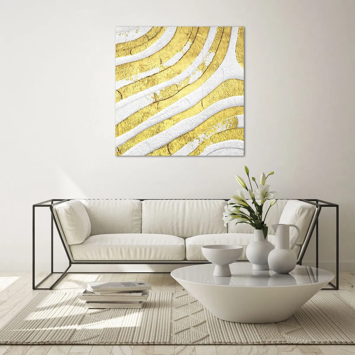 Billede på glas - Sammensætning i hvidt og guld - 30x30 cm