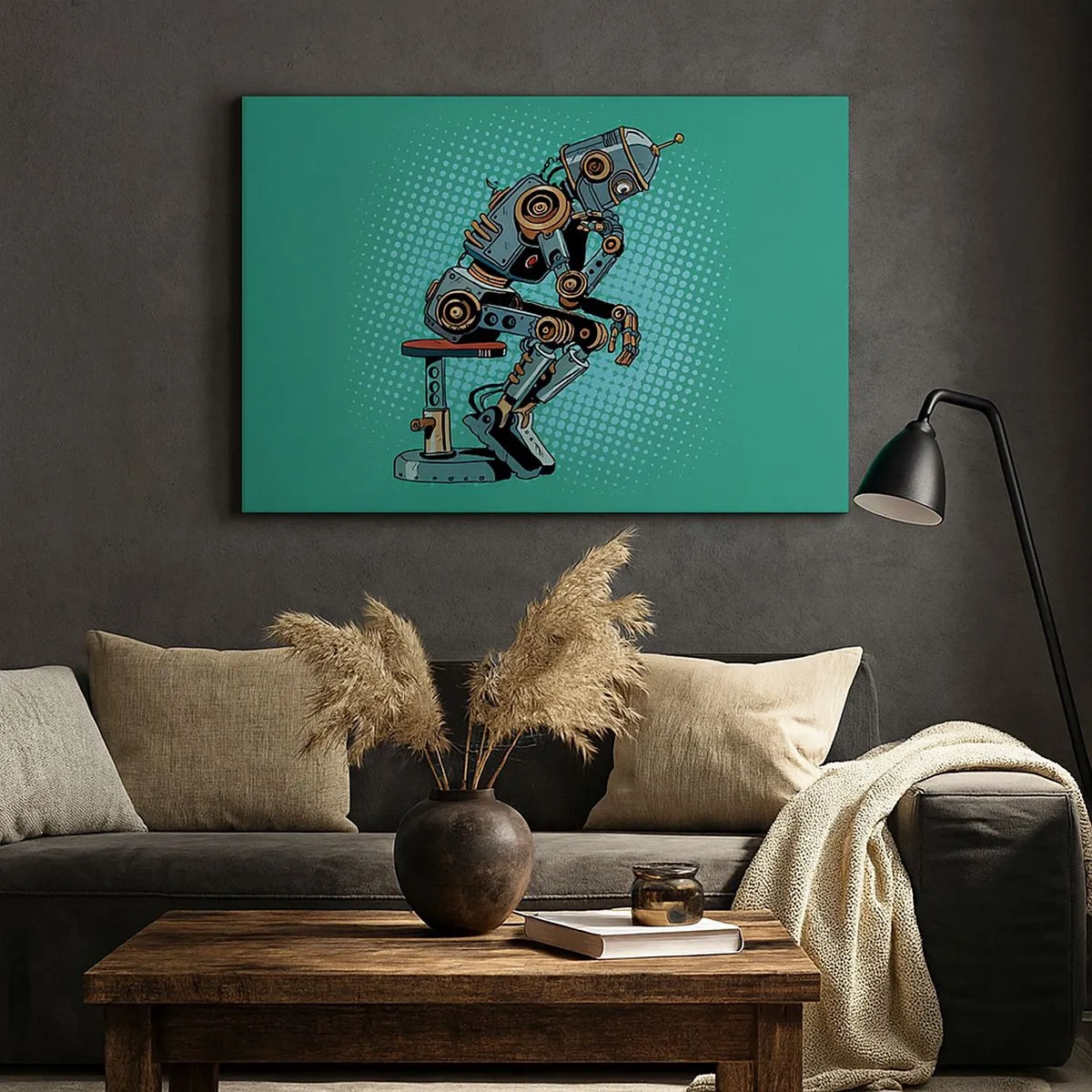 Lærredstryk - Billede på lærred - Pop art-stil tænkerrobot på en grøn baggrund - 70x50cm - Over essensen af