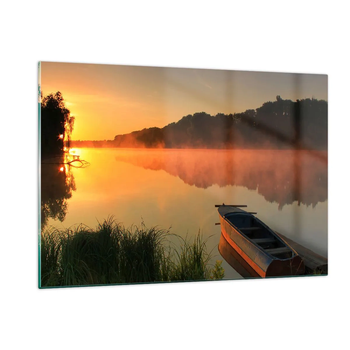 Billede på glas - Solopgang over vand som en spejlplade - 120x80 cm