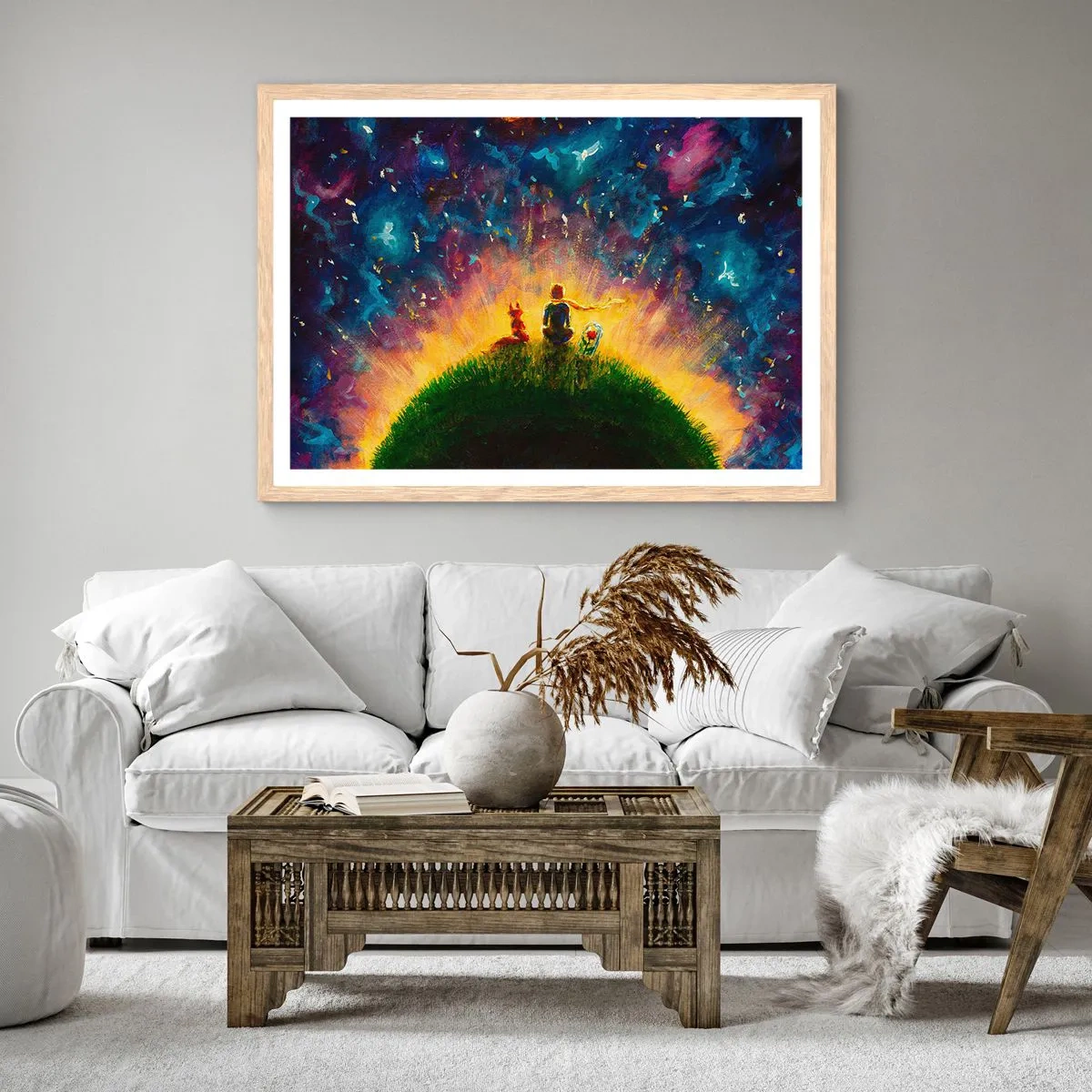 Plakat i ramme af lyst egetræ - Kærlighed og venskab - hele verden - 100x70 cm