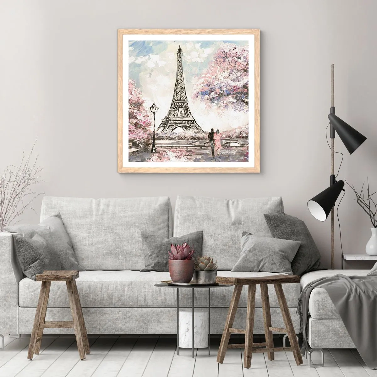 Plakat i ramme af lyst egetræ - April gåtur rundt i Paris - 60x60 cm