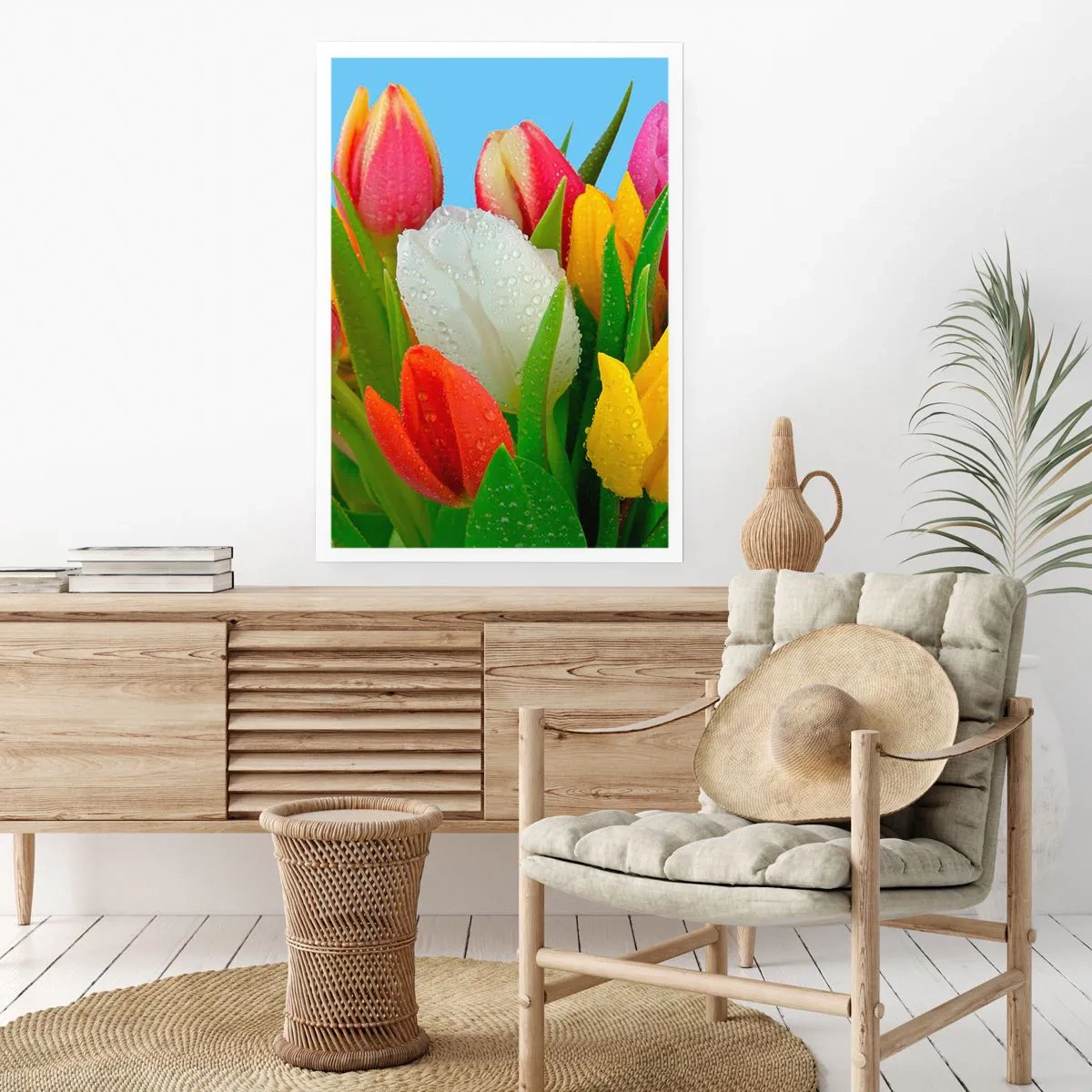 Plakat - En blomstret regnbue i dugdråber - 70x100 cm