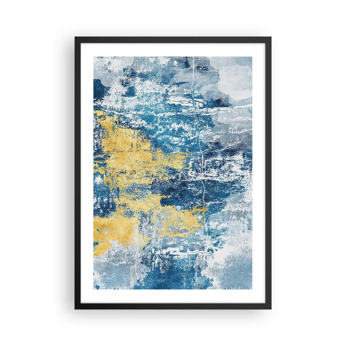 Plakat i sort ramme - Abstrakt sammensætning af blå og guld i tekstur - 50x70cm - En fredfyldt abstraktion - Moderne vægdekoration til stue og soveværelse ARTTOR