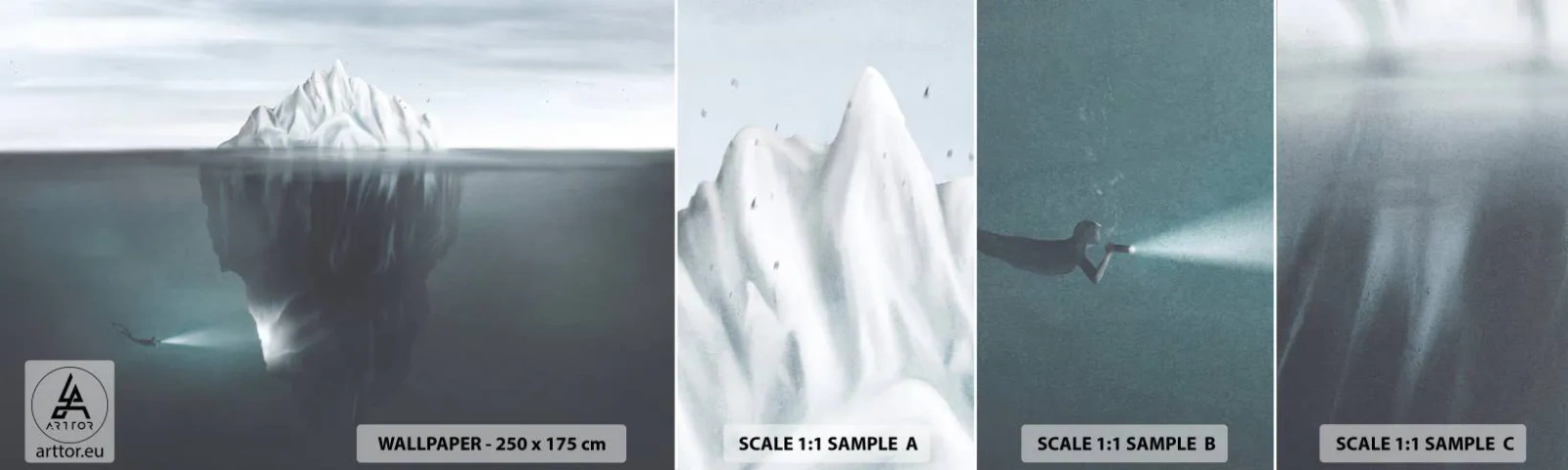 Fototapet Prøve Standard Eco - Undervands-mysterium - Isbjerg, Gletscher, Dykker - 100x30 cm