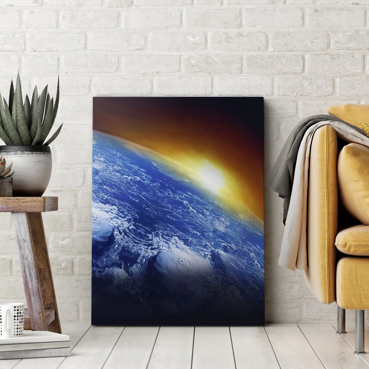 Lærredstryk - Billede på lærred - Solopgang over den blå planet - 80x120 cm