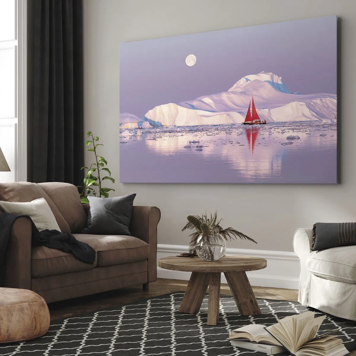 Lærredstryk - Billede på lærred - Et rødt sejl mod en baggrund af iskolde bjerge og en fuldmåne. - 70x50cm - Sejlets varme, isens kulde - Moderne vægdekoration til stue og soveværelse ARTTOR
