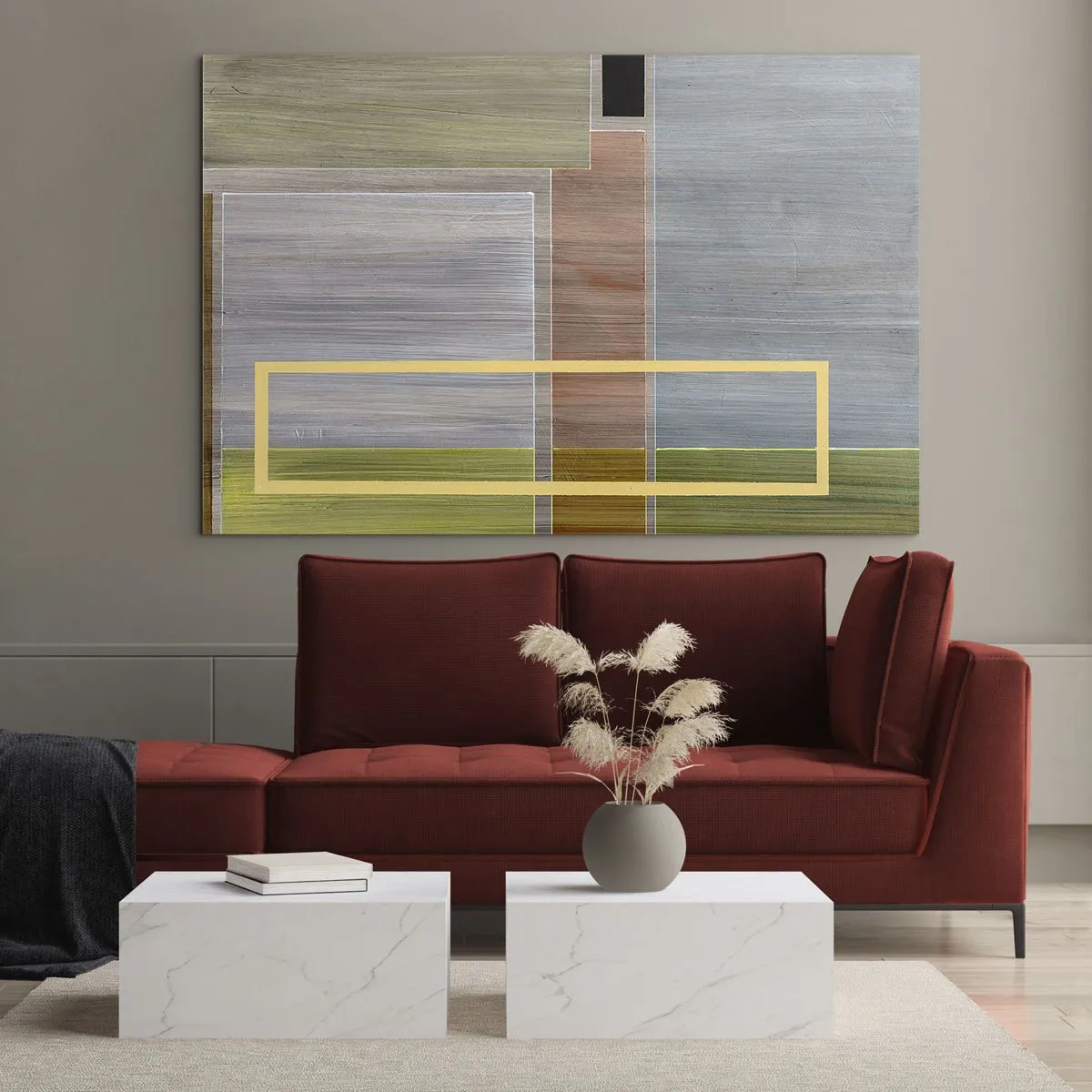 Billede på glas - Moderne abstraktion med rektangulære former og jordfarver - 70x50cm - Lige og rolig - Moderne vægdekoration til stue og soveværelse ARTTOR