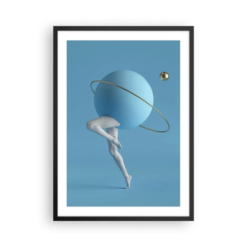 Plakat i sort ramme - En figur med en planet som hoved i en surrealistisk komposition - 50x70cm - Og planeterne går amok - Moderne vægdekoration til stue og soveværelse ARTTOR