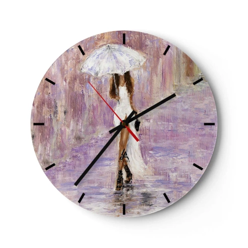 Vægur, Uret - Figuren af en kvinde med en paraply i regnvejr mod en lilla baggrund - 30x30cm - I den syrenrøde regn - Moderne vægdekoration til stue, køkken og soveværelse ARTTOR