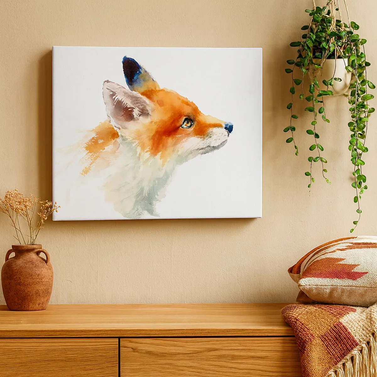 Lærredstryk - Billede på lærred - Rød ræv i akvarelstil på en hvid baggrund - 70x50cm - Man kan aldrig være for forsigtig - Moderne vægdekoration til stue og soveværelse ARTTOR