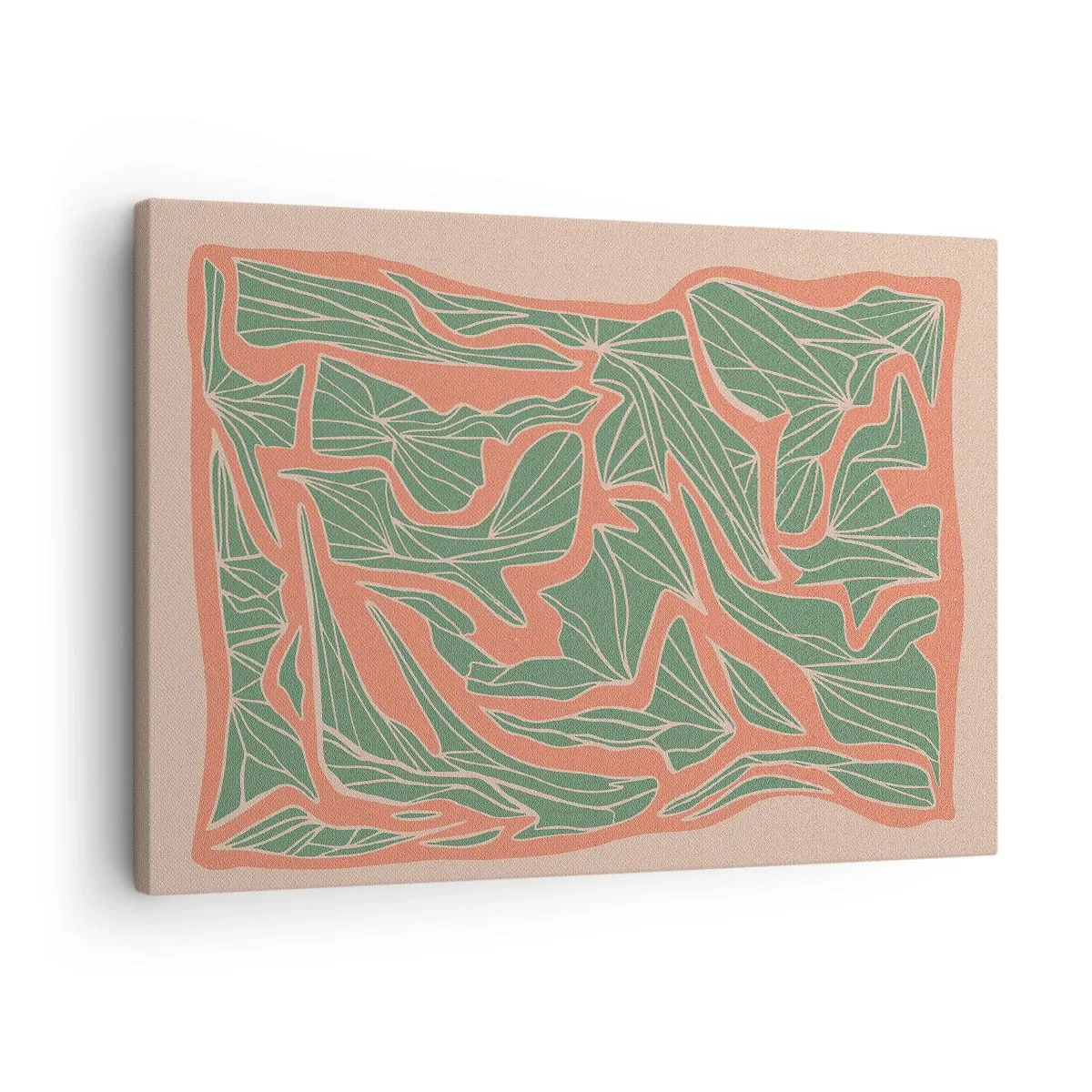 Lærredstryk - Billede på lærred - Et plantemønster i nuancer af grønt og orange - 70x50cm - En kamp mellem koral og grøn - Moderne vægdekoration til stue og soveværelse ARTTOR