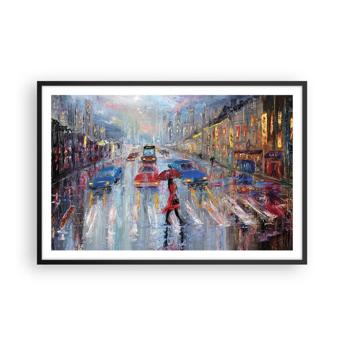 Plakat i sort ramme - Regnfuld eftermiddag i byen - 91x61 cm