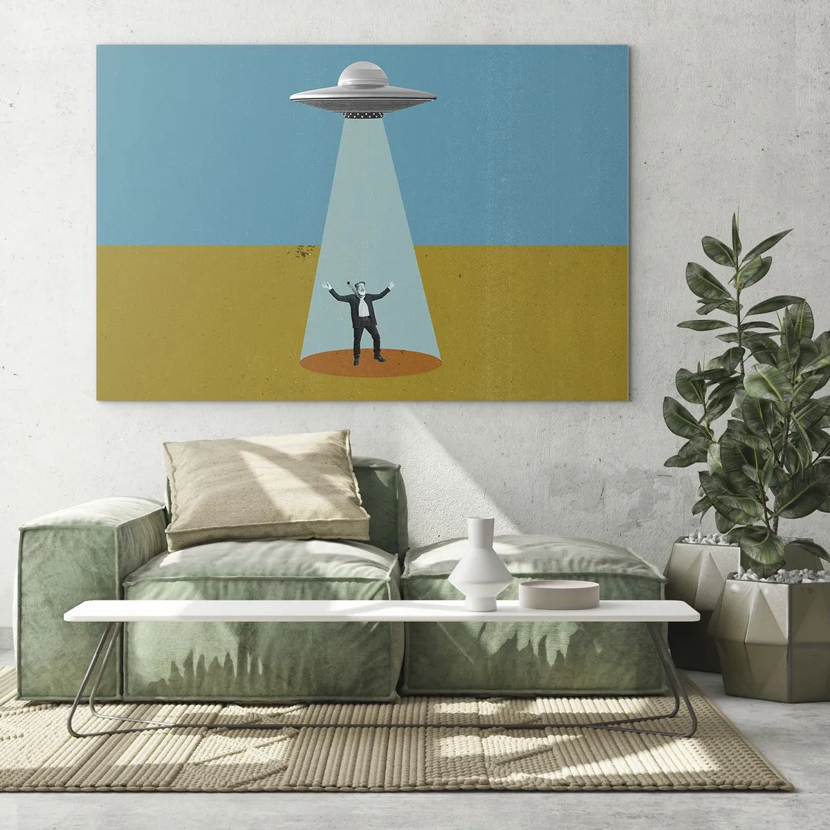 Billede på glas - En mand i lyset af en rumunderkop på en farverig baggrund - 70x50cm - Et tæt møde - Moderne vægdekoration til stue og soveværelse ARTTOR