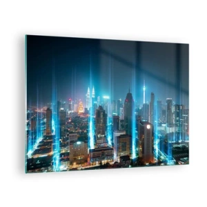 Billede på glas - En natby med høje bygninger og lysstriber - 70x50cm - Berlin til himlen - Moderne vægdekoration til stue og soveværelse ARTTOR