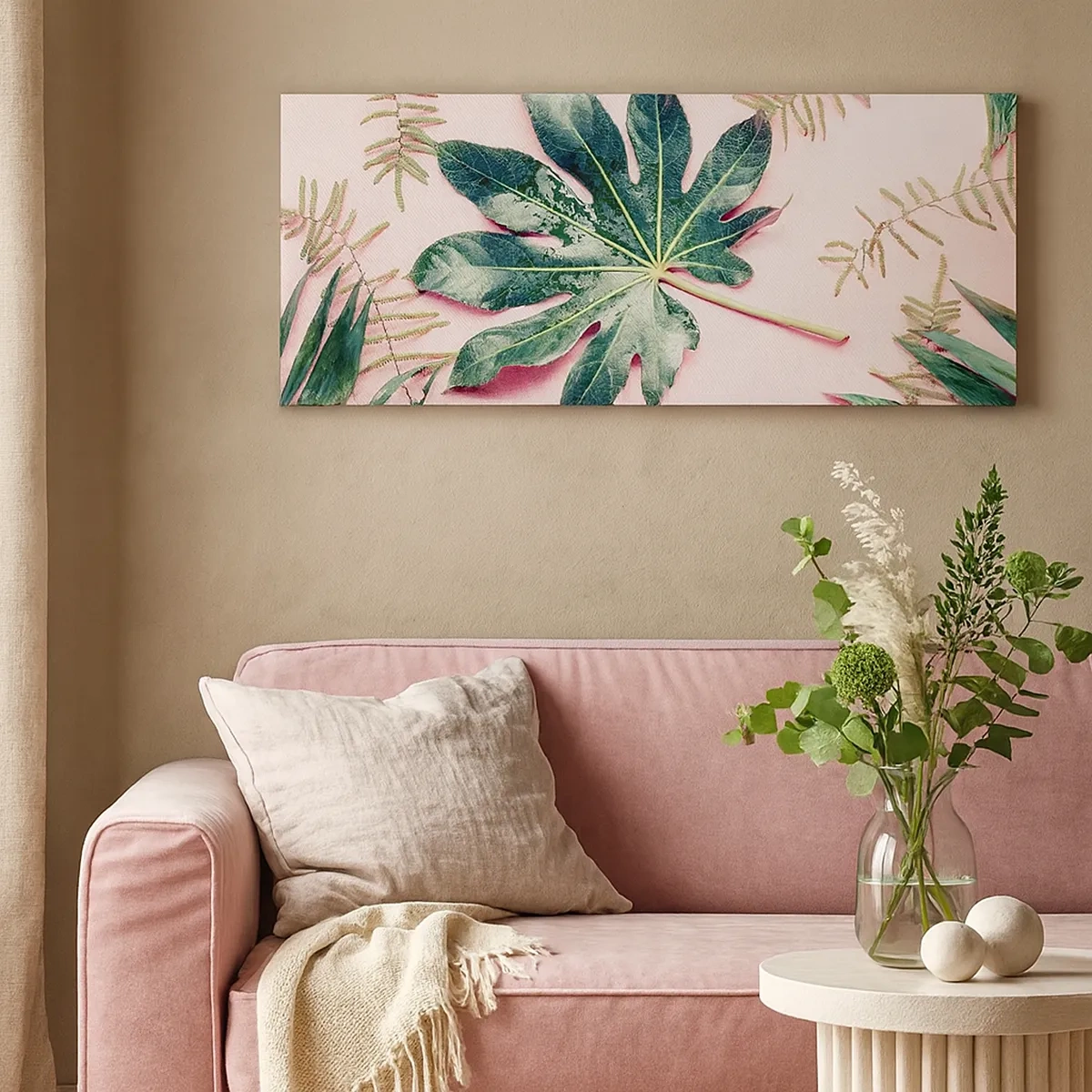 Lærredstryk - Billede på lærred - En undersøgelse af grønt på en lyserød baggrund - 30x30 cm