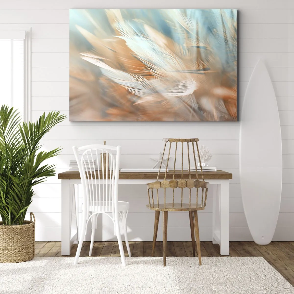 Lærredstryk - Billede på lærred - Fine fjer i pastelblå og orange nuancer - 70x50cm - I mildhedens land - Moderne vægdekoration til stue og soveværelse ARTTOR
