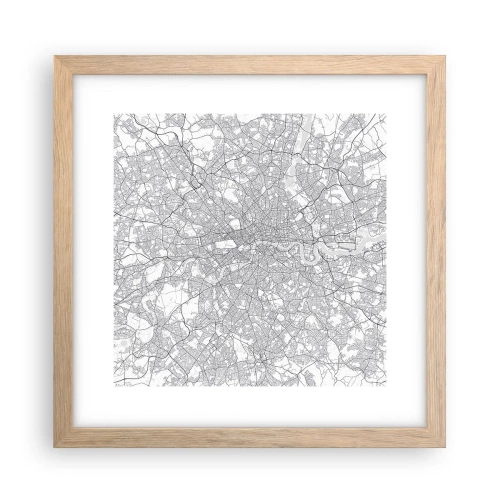 Plakat i ramme af lyst egetræ - Kort over Londons labyrint - 30x30 cm