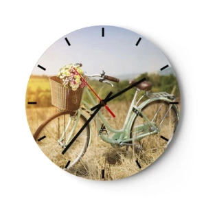 Vægur, Uret - En cykel med en kurv fuld af blomster på en mark på en solskinsdag - 30x30cm - Jeg bliver her et stykke tid - Moderne vægdekoration til stue, køkken og soveværelse ARTTOR
