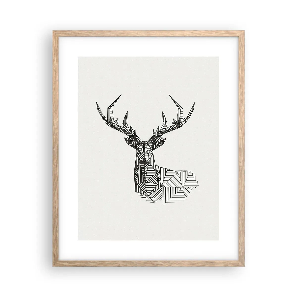 Plakat i ramme af lyst egetræ - Hjorte i kubistisk stil - 40x50 cm