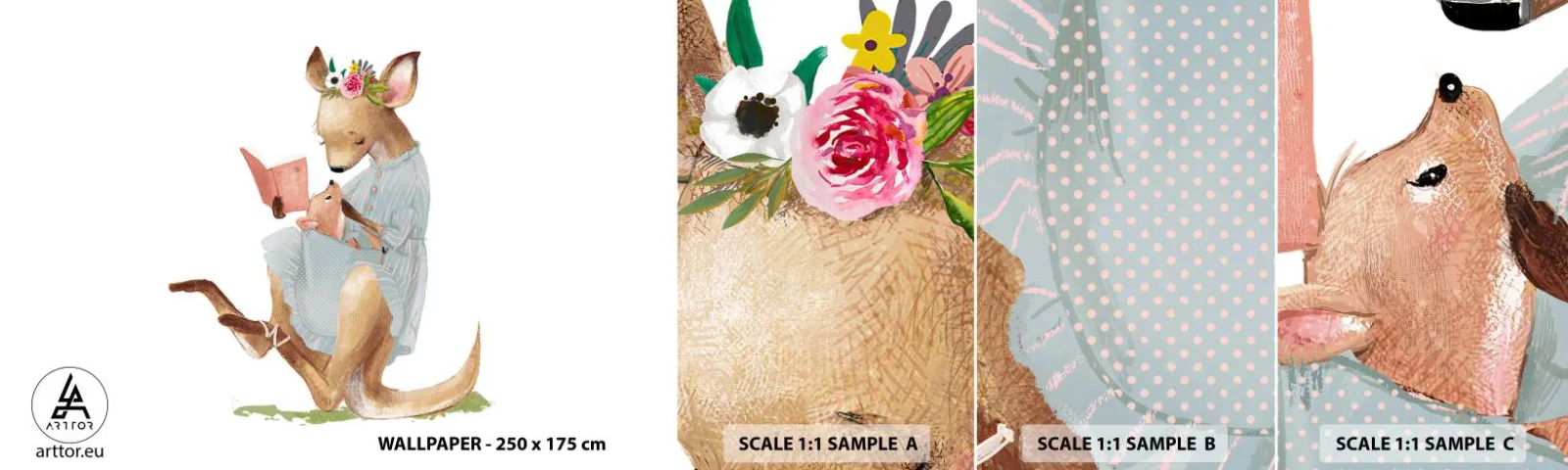 Prøve Fototapet Selvklæbende Deluxe Sticker - Læs for mig, mor - For børn, Kænguru, Mor med Barn - 100x30 cm