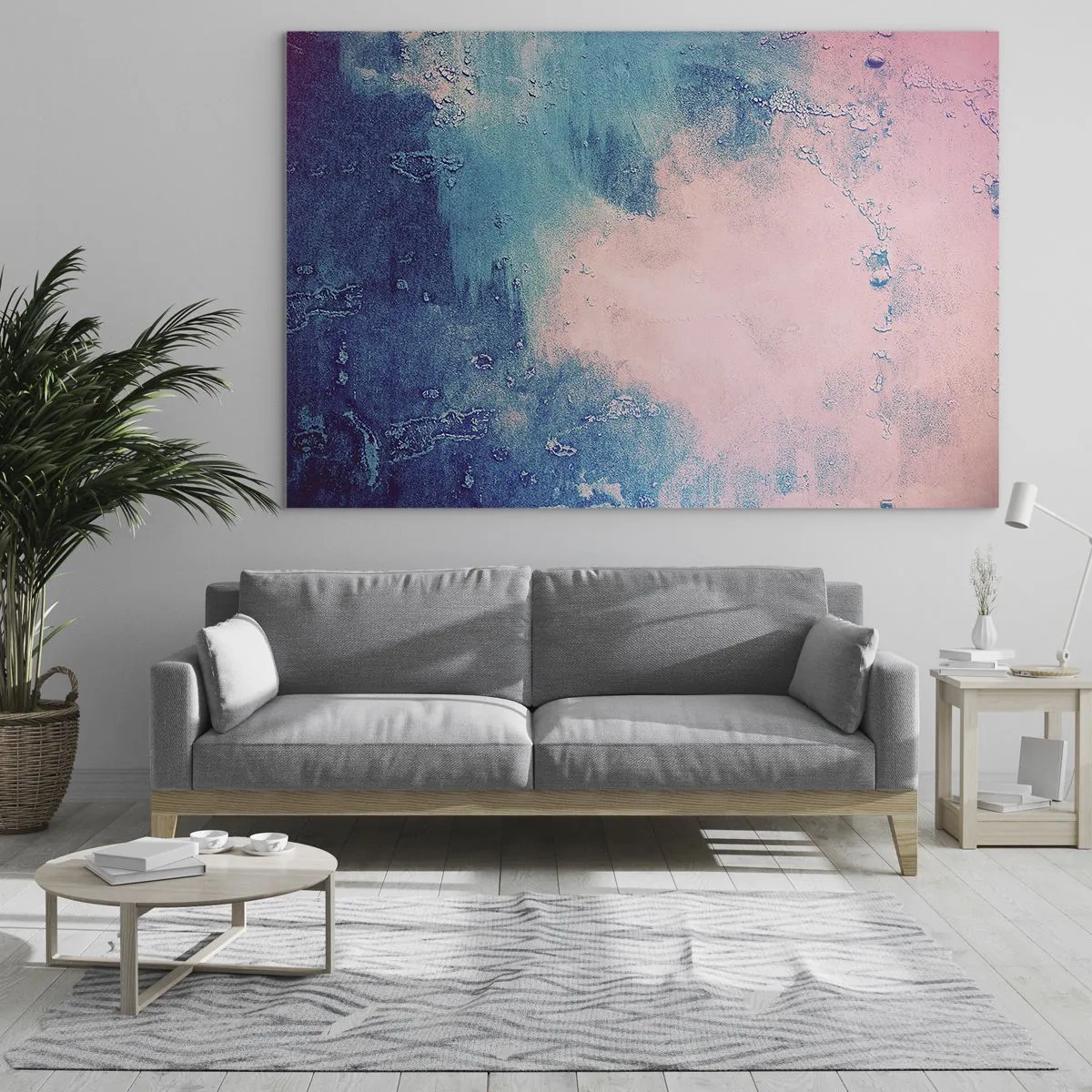 Billede på glas - En abstrakt kombination af blå og pulverrosa med tekstur - 70x50cm - Blå omfavnelse - Moderne vægdekoration til stue og soveværelse ARTTOR