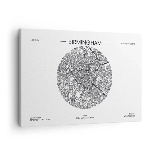 Lærredstryk - Billede på lærred - Et minimalistisk sort-hvidt kort over Birmingham med præcise detaljer. - 70x50cm - Birminghams anatomi - Moderne vægdekoration til stue og soveværelse ARTTOR