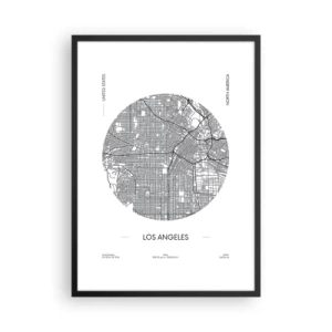 Plakat i sort ramme - Et minimalistisk kort over Los Angeles i sort-hvid. - 50x70cm - Los Angeles' anatomi - Moderne vægdekoration til stue og soveværelse ARTTOR