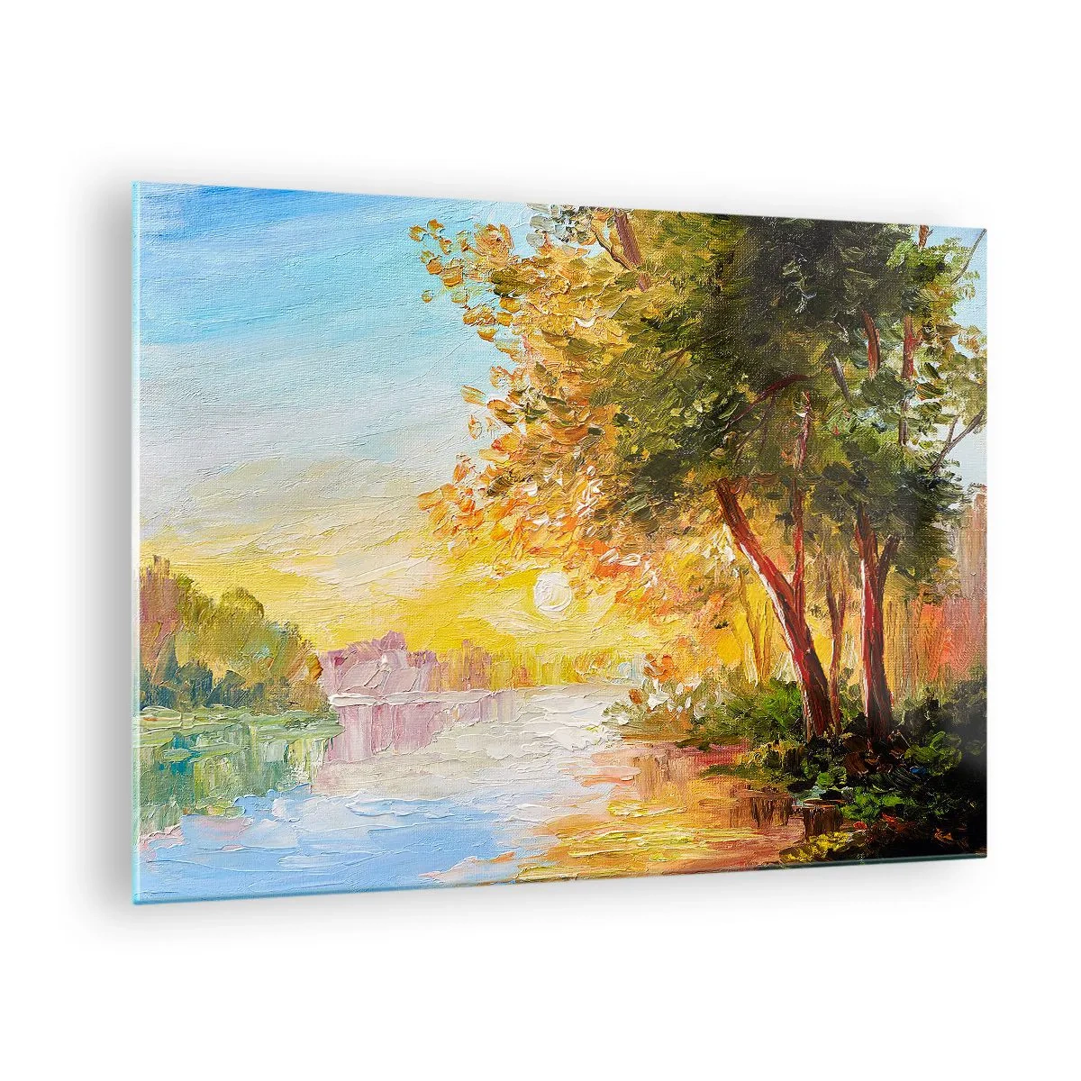 Billede på glas - Sø med træer ved solnedgang - 70x50cm - Et in Arcadia ego - Moderne vægdekoration til stue og soveværelse ARTTOR