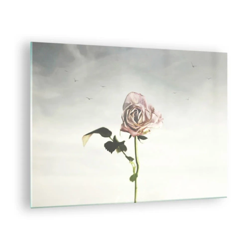 Billede på glas - En sart rose mod himlen med flyvende fugle - 70x50cm - Velkomst til foråret - Moderne vægdekoration til stue og soveværelse ARTTOR