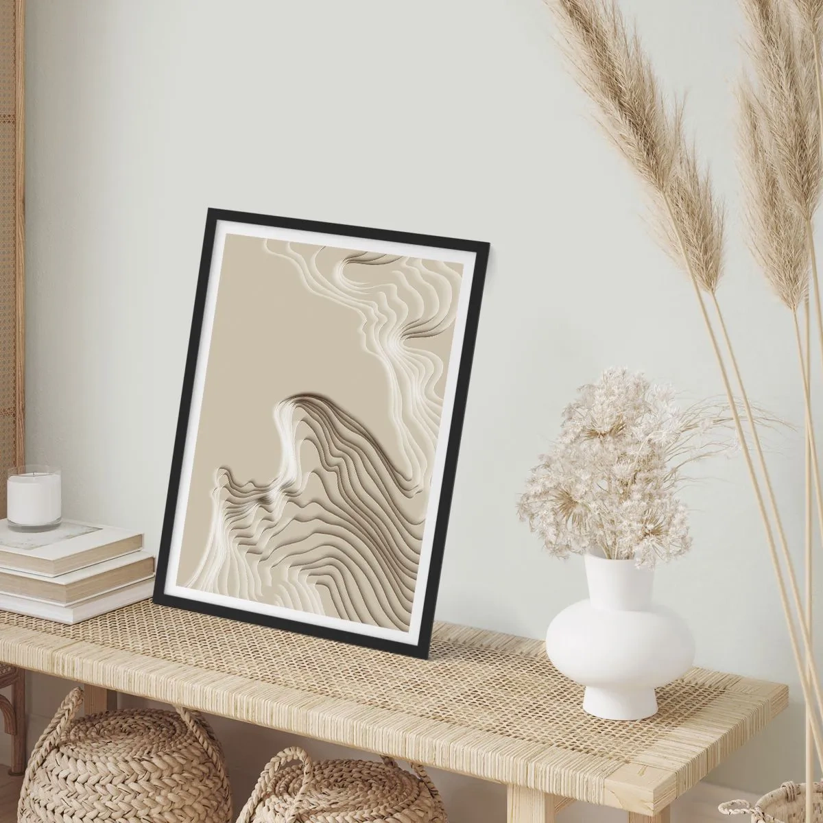 Plakat i sort ramme - Lagdelte bølger i beige og brune nuancer - 50x70cm - Kunstens topografi - Moderne vægdekoration til stue og soveværelse ARTTOR